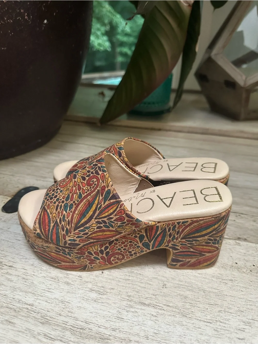 Beaded Floral-Print Platform Wedge Slides in Multicolor